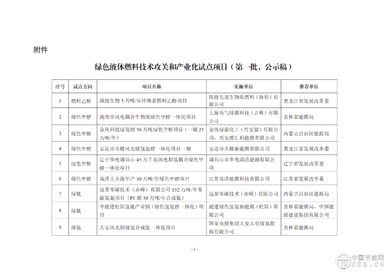 國家能源局綜合司關(guān)于公示綠色液體燃料技術(shù)攻關(guān)和產(chǎn)業(yè)化試點項目（第一批）的通知